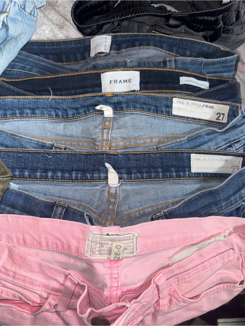 8 pairs of pants.  Frame, Rag & Bobe, current Elliott, Joie, Zara, WHBM
